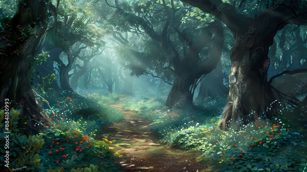Fototapeta premium Fairytale Forest with Majestic Trees and Lush Vegetation - Generative AI Digital Painting