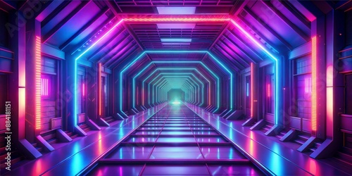 Futuristic tunnel wallpaper with neon lights shining through. Background. 3D illusion. Abstract sci-fi illusion. Design inside an endless tunnel surrounded by neon lights. Generate AI	
