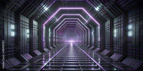 Futuristic tunnel wallpaper with neon lights shining through. Background. 3D illusion. Abstract sci-fi illusion. Design inside an endless tunnel surrounded by neon lights. Generate AI	
