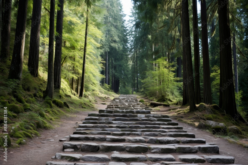Obraz premium Ascending the steps to parnassus through a verdant forest, following the path of enlightenment