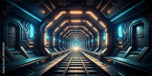 Futuristic tunnel wallpaper with neon lights shining through. Background. 3D illusion. Abstract sci-fi illusion. Design inside an endless tunnel surrounded by neon lights. Generate AI	
