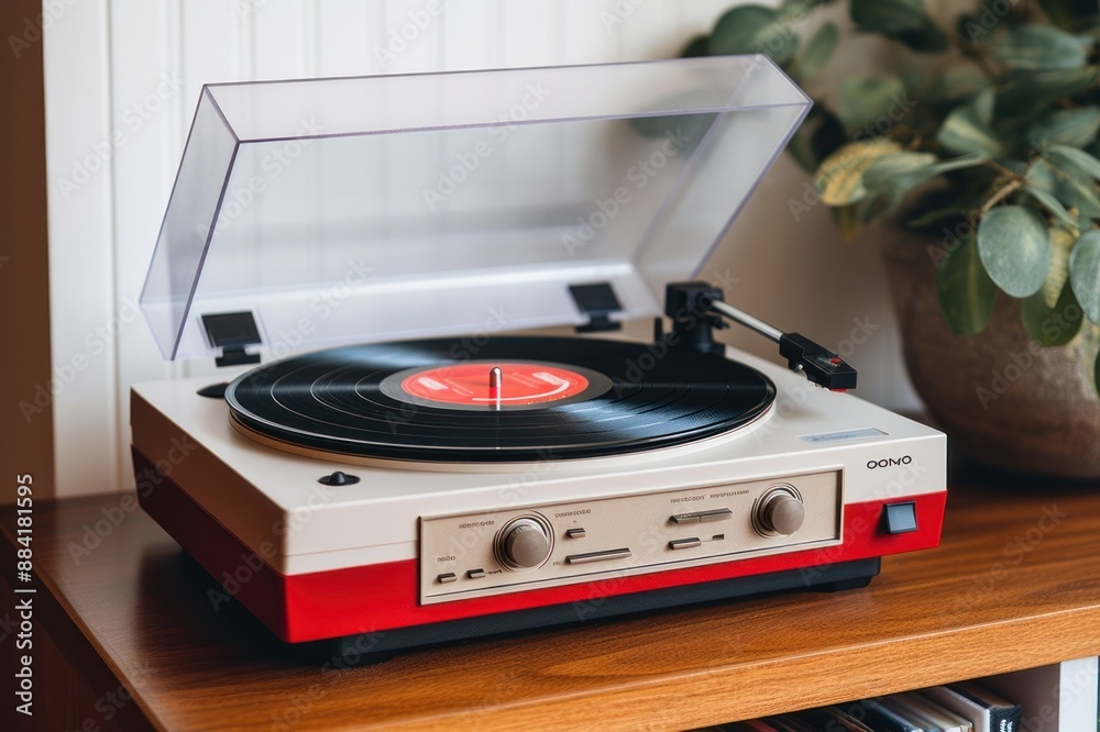 Obraz premium Step back in time with this exquisite close-up of a vintage vinyl turntable. It's a timeless piece of musical history, capturing the essence of retro elegance.