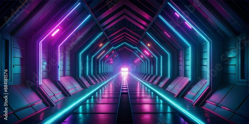 Futuristic tunnel wallpaper with neon lights shining through. Background. 3D illusion. Abstract sci-fi illusion. Design inside an endless tunnel surrounded by neon lights. Generate AI	

