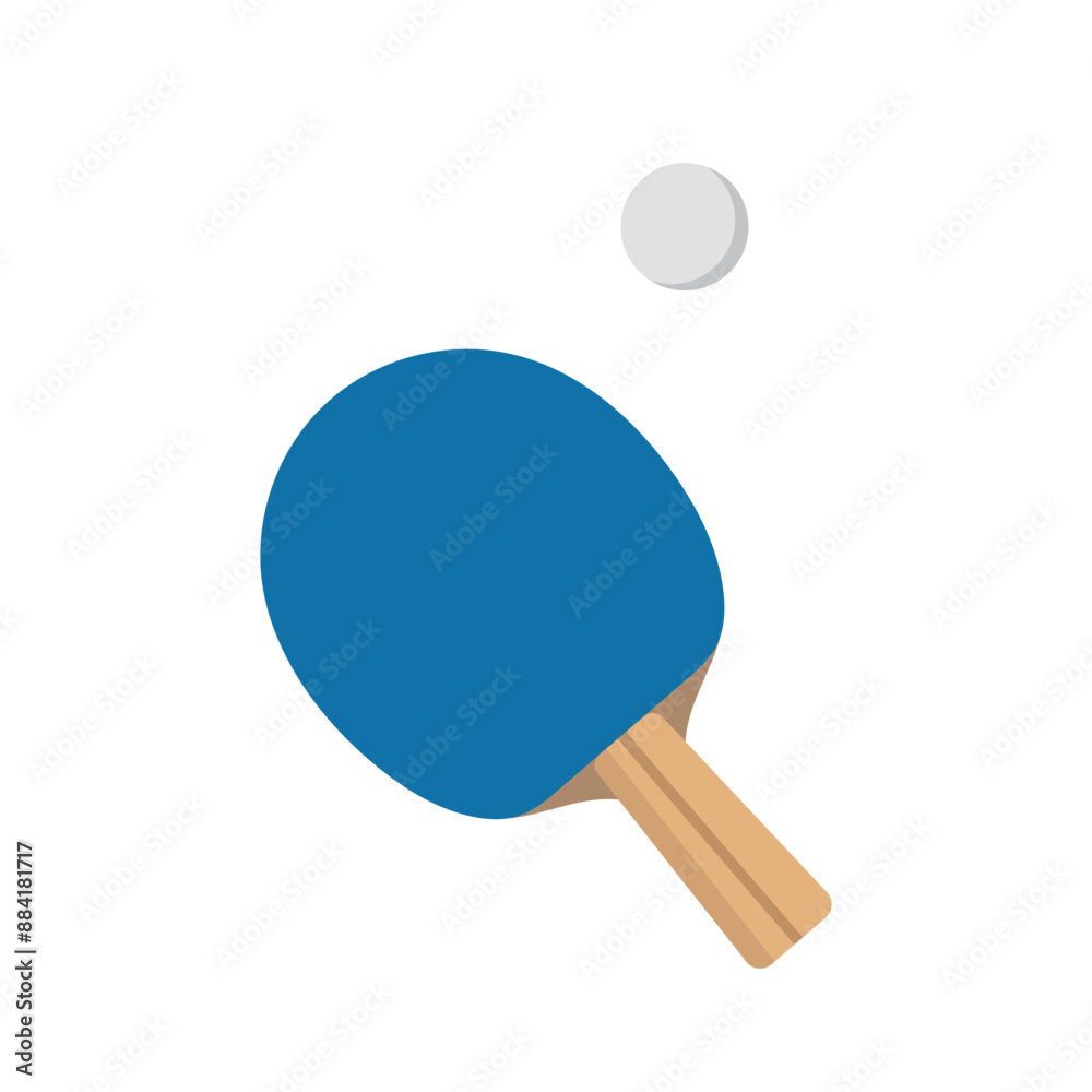 One blue ping pong racket and ball, isolate on white, simple illustration, flat style, minimalism One blue ping pong racket and ball, isolate on white, simple illustration, flat style, minimalism
