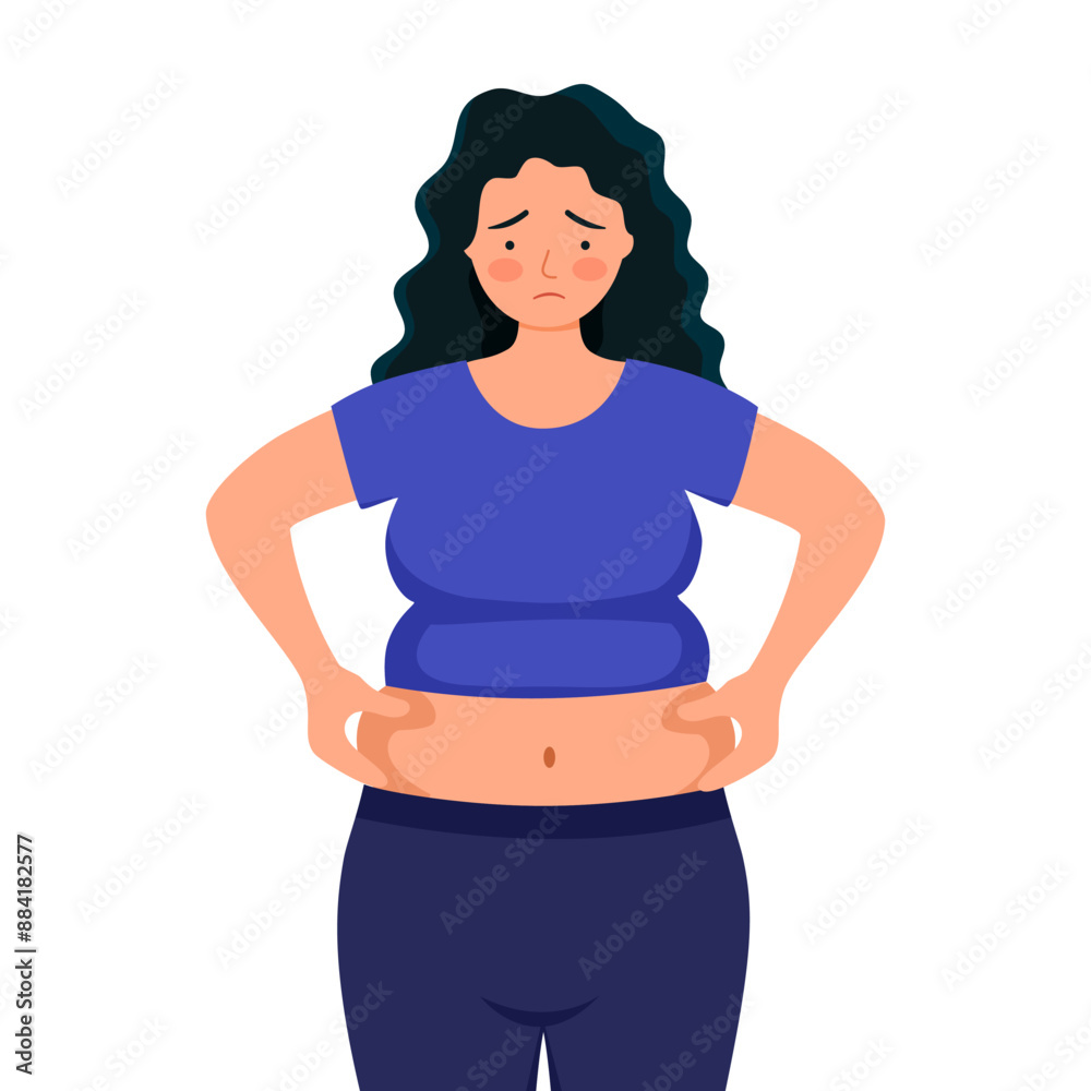 Obesity woman grabbing her fat on the stomach. Obesity woman grabbing her fat on the stomach.