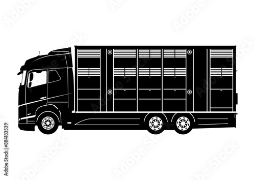 Silhouette of modern 3 axle unit livestock and cattle transport truck. Vector.