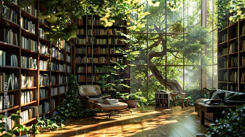 An eco-friendly library with books and resources on sustainability. AI generated illustration