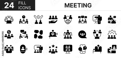 Collection of 24 meeting, fill icons featuring editable strokes. These outline icons depict various modes of meeting, business, conference, planning, presentation, 