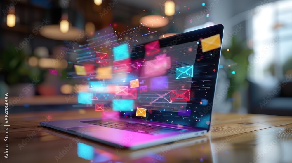Laptop with glowing email icons Laptop with glowing email icons