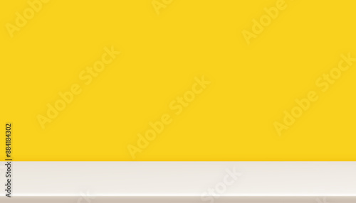 Autumn Yellow Background,Bright Studio Room with Beige Podium stand,Minimal modern product display with copy space for Summer,Fall season web banner,New Year Sale or Promote