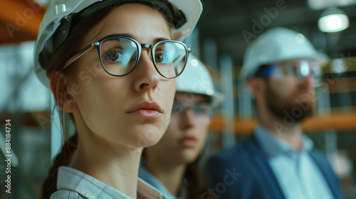 Construction workers in helmets and glasses, close-up, industry, business, job