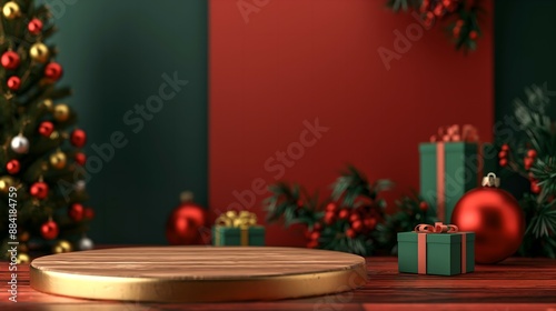 Festive Wooden Podium Pedestal with Christmas Tree and Gifts, Red and Green Themed Product Display for Holiday Poster, Background, or Banner Design
