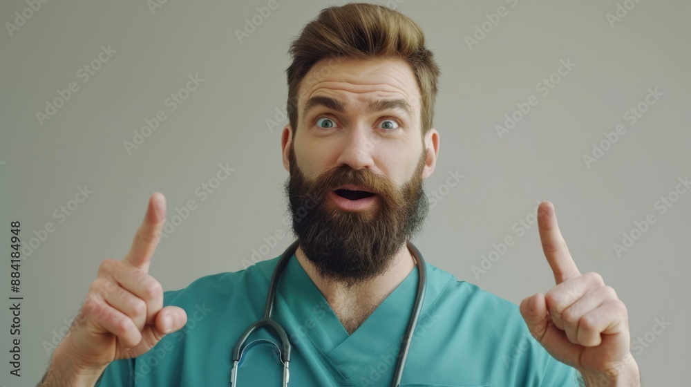Naklejka premium Surgeon pointing up with a surprised look.