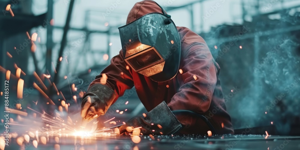 A welder in a protective suit and welding mask welds metal at a factory A welder in a protective suit and welding mask welds metal at a factory