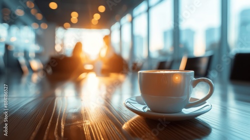 Blurred coffee shop interior with a cup of coffee in focus photo