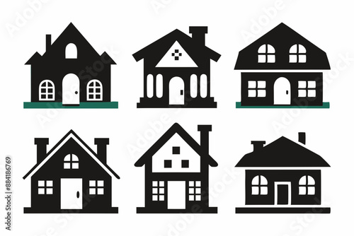 House icon set, Collection home icons. Set of real estate objects and houses black icons isolated on white background. Vector illustration. 