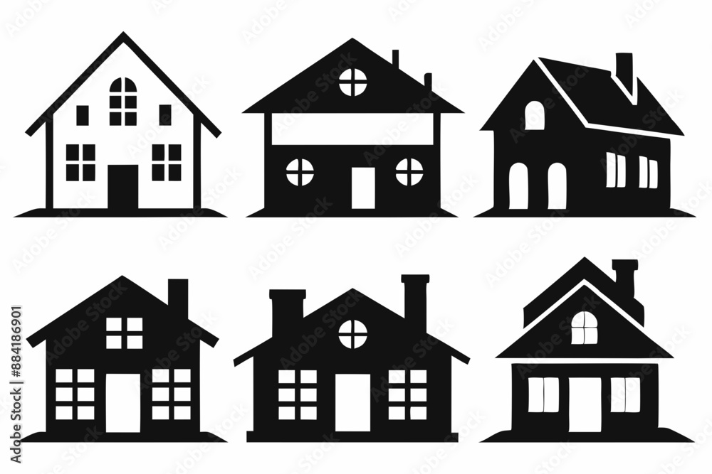 House icon set, Collection home icons. Set of real estate objects and houses black icons isolated on white background. Vector illustration.
House icon set, Collection home icons. Set of real estate objects and houses black icons isolated on white background. Vector illustration.
