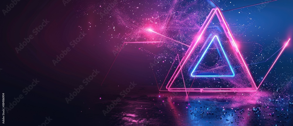 Vibrant neon triangle light on dark background with reflections, perfect for futuristic, technology, and abstract design concepts. Vibrant neon triangle light on dark background with reflections, perfect for futuristic, technology, and abstract design concepts.