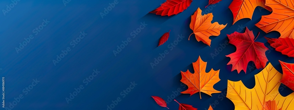 Bright Red and Yellow Autumn Leaves on Dark Blue Background Abstract Design Bright Red and Yellow Autumn Leaves on Dark Blue Background Abstract Design