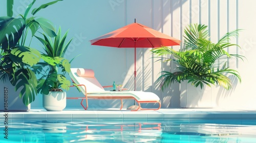 poolside illustration , bright pool lounge , pool furniture illustration