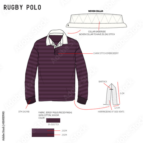 mens stripe rugby polo tech pack fashion illustration flat sketch vector. 