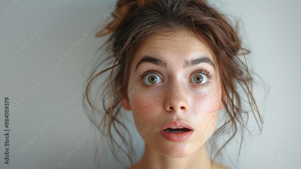 Portrait of a young woman with wide eyes and mouth open in shock or surprise Portrait of a young woman with wide eyes and mouth open in shock or surprise