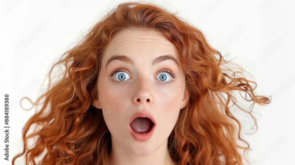 Redhead woman with freckles and blue eyes looks surprised with mouth open Redhead woman with freckles and blue eyes looks surprised with mouth open
