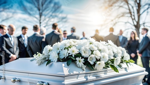 A serene outdoor funeral service with a white casket adorned with flowers, surrounded by mourners in formal attire under a clear sky.