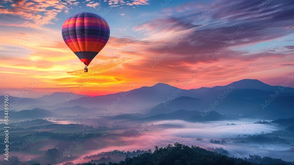 Hot Air Balloon Soaring Over Misty Mountains at Sunrise Hot Air Balloon Soaring Over Misty Mountains at Sunrise
