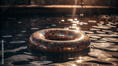 Colorful inflatable swim ring floating in a pool with sunlight reflecting on the water during a peaceful sunset moment. photo