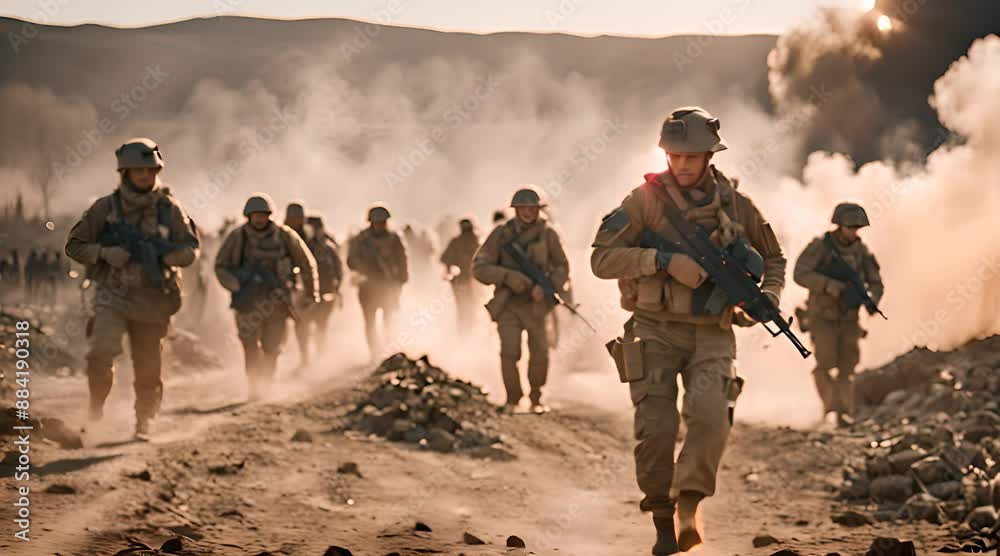 Soldiers Moving through Desolate, Fiery Landscape Soldiers Moving through Desolate, Fiery Landscape