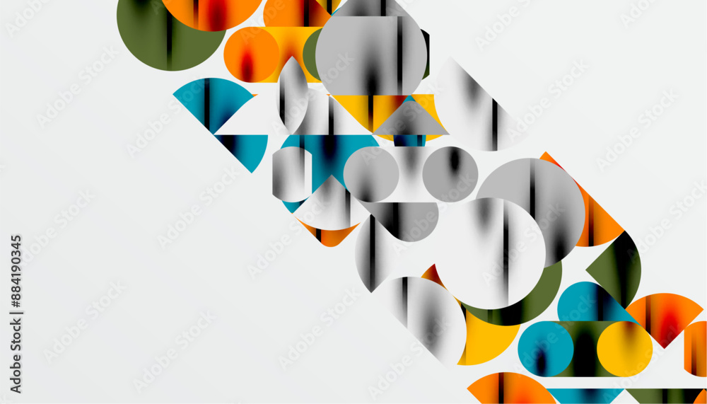 Color beautiful circles, semi circles, squares and round triangles. Geometric mosaic style pattern abstract background for wallpaper, banner, backdrop, card, book Illustration, landing page Color beautiful circles, semi circles, squares and round triangles. Geometric mosaic style pattern abstract background for wallpaper, banner, backdrop, card, book Illustration, landing page