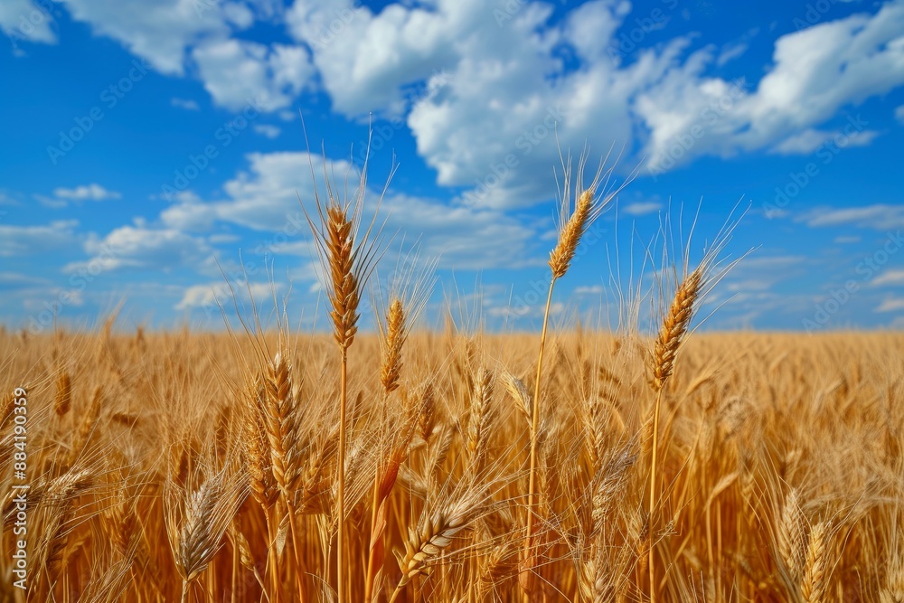 Ripe wheat ears against a bright blue sky, symbolizing abundant harvest Ripe wheat ears against a bright blue sky, symbolizing abundant harvest