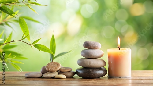 Zen stones stacked beside a lit candle on a wooden table in a peaceful garden setting with soft green background.