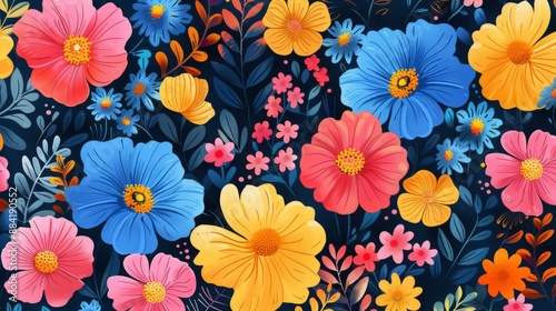 Colorful and vibrant floral pattern with a variety of flowers in pink, yellow, and blue hues on a dark blue background. photo