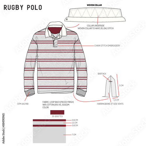 mens classic stripe rugby polo tech pack fashion illustration flat sketch vector. 