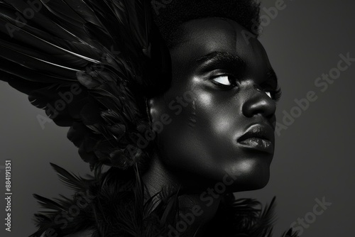 The dramatic and mysterious portrait of a majestic black feathered beauty with monochrome headwear, reflecting elegance and creativity in fashion and artistic expression