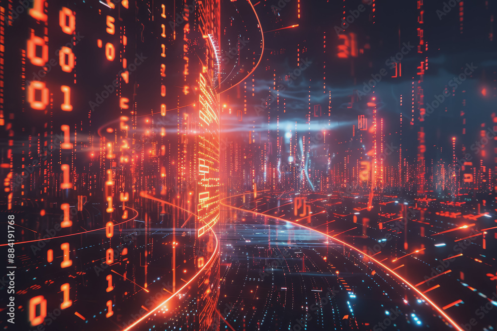 Naklejka premium A shielded fortress in the digital realm, surrounded by swirling data streams.