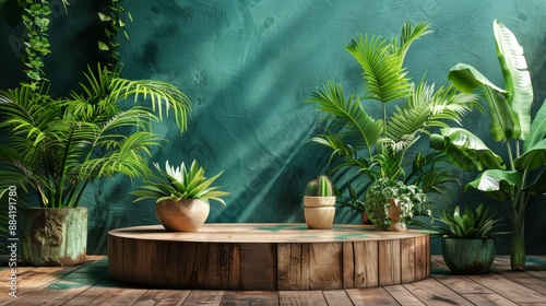 Indoor Garden Scene with Plants on Wooden Platform by Green Wall