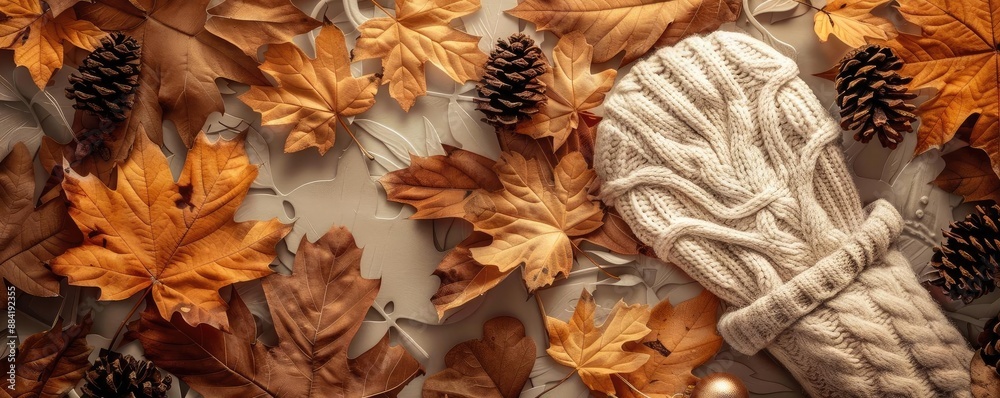 Cozy autumn scene with pinecones and a knit blanket among orange and brown fallen leaves, creating a warm seasonal atmosphere. Cozy autumn scene with pinecones and a knit blanket among orange and brown fallen leaves, creating a warm seasonal atmosphere.