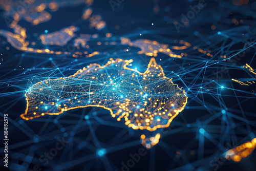 Electronic map of Australia, illustrating worldwide connectivity and links, data sharing and cyber advancements, business interactions, intelligence and telecommunication. 