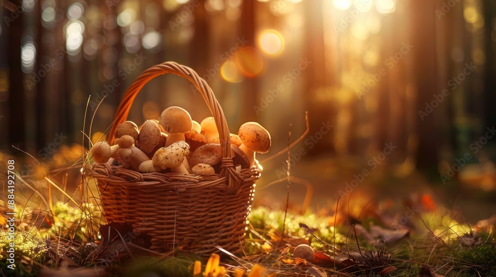 Basket of Mushrooms in a Sunlit Forest Basket of Mushrooms in a Sunlit Forest
