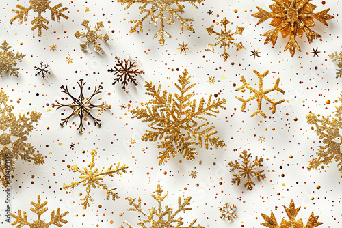 An array of intricate golden snowflakes on a white background, forming a festive and elegant seamless pattern ideal for Christmas and winter-themed decorations and designs photo