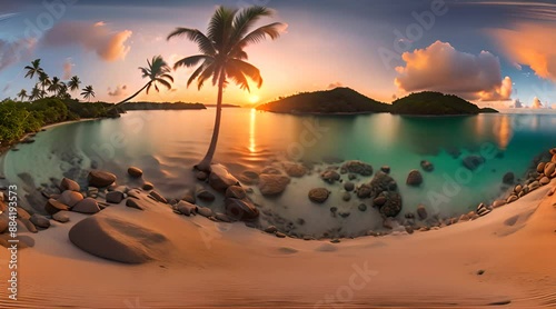 Sunset on Tropical Island with Palm Tree. 360 Panorama