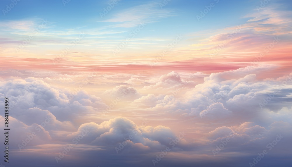 Above the cloudscape a tranquil sky of pink blue and violet hues Above the cloudscape a tranquil sky of pink blue and violet hues