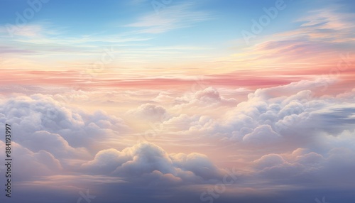 Above the cloudscape a tranquil sky of pink blue and violet hues © kinara art design