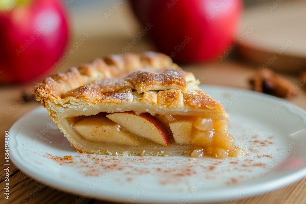 Close-up of a delicious slice of freshly baked apple pie on a white plate, garnished with cinnamon