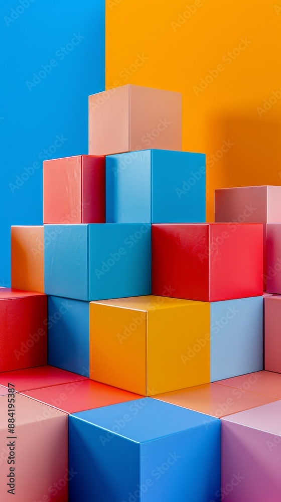 A stack of colorful blocks in a blue and orange background A stack of colorful blocks in a blue and orange background