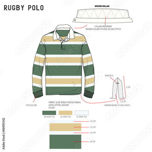 mens clasic stripe rugby polo tech pack fashion illustration flat sketch vector.