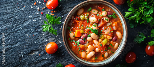 Fasolada is a traditional Greek bean soup made with white beans, tomatoes, onions, carrots, celery, olive oil, and herbs photo